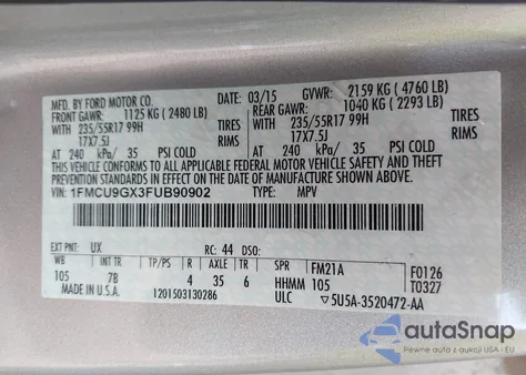 2015 Ford Escape Se из США, поврежденный, VIN 1FMCU9GX3FUB90902